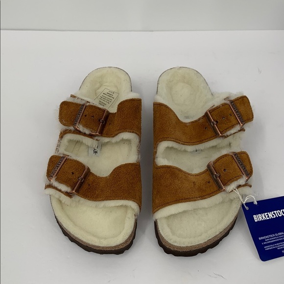 Birkenstock Arizona shearling double strap sandal shoe brown fur lined new 38 7 - Picture 5 of 7
